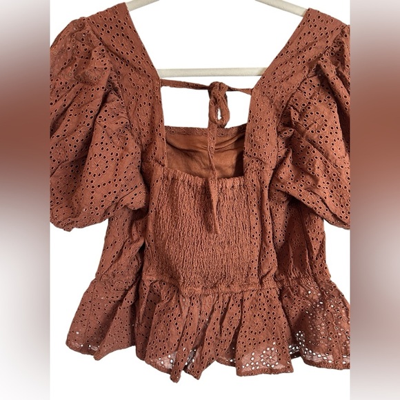 Band of the Free Brown Palmer Eyelet Boho Peplum Stretch Top Womens Sz Large NWT - Picture 8 of 13